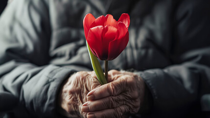 Red tulip in old male hands with Parkinson's disease close-up