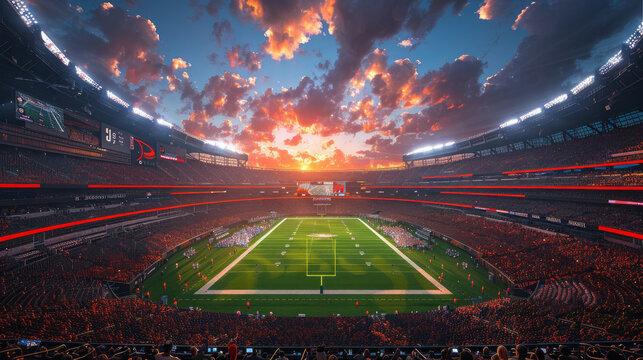 an orange and black american football stadium with stadium lights,generative ai