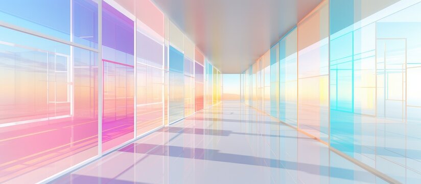 This abstract hallway features multiple windows that allow natural light to illuminate the space. The white and colored gradient glasses create a unique and modern aesthetic,