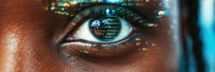 Banner with close-up of a woman's eye with digital overlay