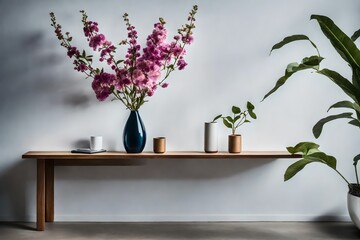 flowers in a vase on the table, Embark on a journey of aesthetic delight with a floating shelf adorned by a colorful flower vase, set against an empty blank wall offering ample copy space