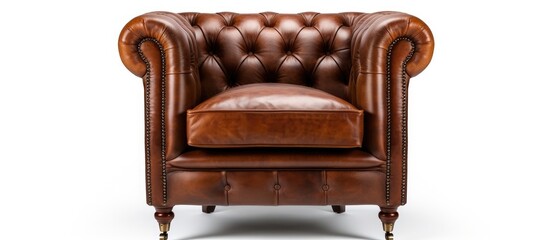 A classic Chesterfield luxury chair made of brown leather standing on a plain white background. The chair exudes sophistication and elegance, with its deep button tufting and sleek design.