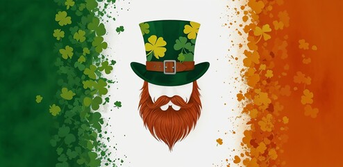 Irish man with red beard wearing green hat on Irish flag background, St. Patrick's Day festivity, cultural representation, website header with copy space. Generative AI