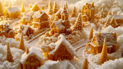 Abstract illustration, village houses made from pasta and vermicelli. Landscape rural.
