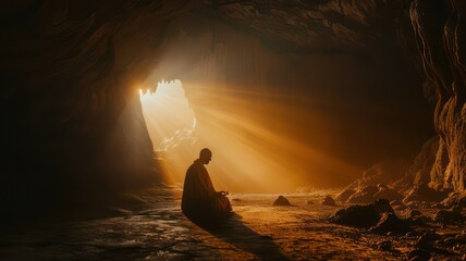 Priest praying in a cave and light rays falling inside created with Generative AI - obrazy, fototapety, plakaty