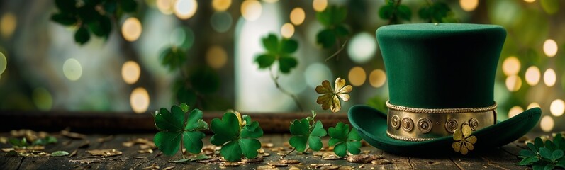 Saint Patrick's Day Banner, Green Hat on Wooden Table with Gold Elements and Clover, Irish Patrick's Day Celebration. Website Header with Copy Space. Generative AI
