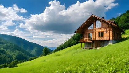 Fototapeta na wymiar Wooden house in the green mountains with blue sky and clouds