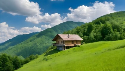Fototapeta na wymiar Wooden house in the green mountains with blue sky and clouds