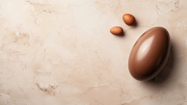 Textured image featuring two small chocolate eggs elegantly placed next to a large one on a cracked surface