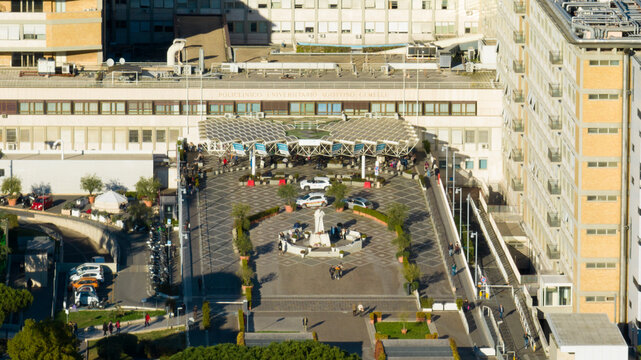 Rome, Italy - February, 2024: Aerial view of the entrance of the Gemelli University Hospital. It's a general hospital and serves as the teaching hospital for the medical school of the Cattolica.