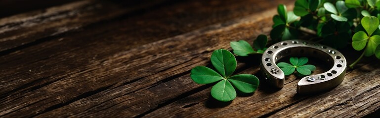 Lucky Irish horseshoe displayed on rustic wooden backdrop, encircled by four-leaf clovers, St. Patrick's Day charm, cultural tradition, website header with copy space. Generative AI