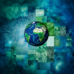 Creative photo collage featuring green and blue hues to represent the colours of our planet Earth on Earth Day