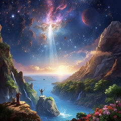 a heaven view with water falls generative ai