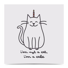 Cute birthday greeting card, poster, template, label with with funny cat having a candle on the head