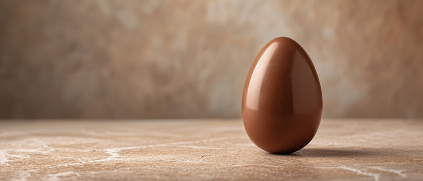 A solitary chocolate egg stands on a textured surface, its smooth curves contrasting with the rough background