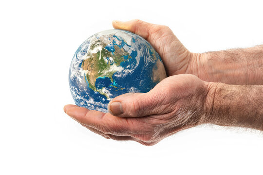 Planet Earth in a hand on white background. Conceptual photography about ecological problems, climate changing and safety. Photo with symbol of peace