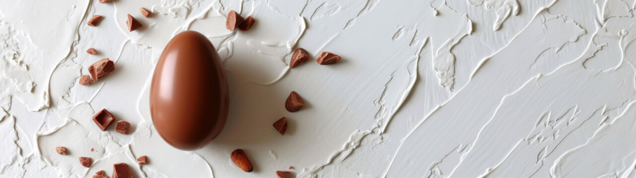 A chocolate egg lays amidst shattered almond pieces, suggesting themes of fragility and indulgence in a textured white setting