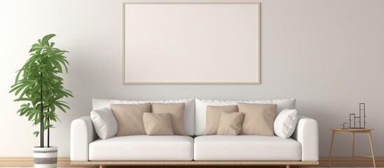 A modern living room featuring a white couch and a houseplant in a pot. The room is decorated in a minimal style with luxury furniture, including a mockup photo frame on the wall.