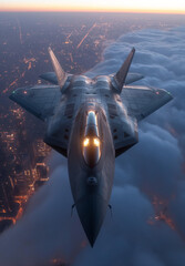 military fighter jet flying above clouds and city - obrazy, fototapety, plakaty