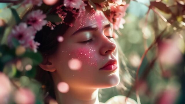 A woman with a pink flower crown and soft pink sparks dancing around her, her eyes closed as if lost in a dreamy spring day. The combination of colors and light creates a serene and ethereal