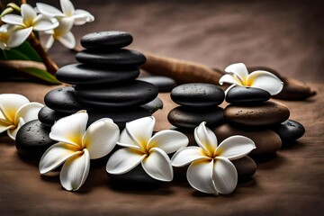 spa stones with frangipani flower, Immerse yourself in the serenity of a spa or meditation massage therapy center, where the delicate petals of white plumeria flowers cascade in a tranquil display