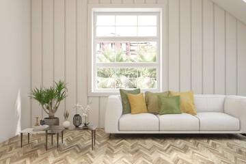 White scandinavian interior design with sofa. 3D illustration