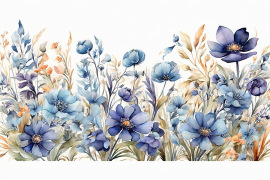 Watercolor painting of leaves and flowers, seamless pattern on white background