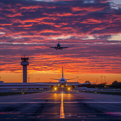 airplane ascending in the airport runway showing airport control tower. - obrazy, fototapety, plakaty