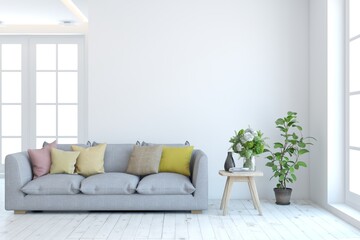 White living room with sofa. Scandinavian interior design. 3D illustration