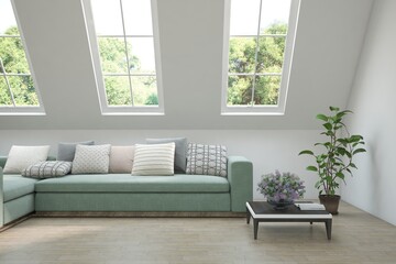 White living room with sofa and summer landscape in window. Scandinavian interior design. 3D illustration