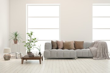 White living room with sofa. Scandinavian interior design. 3D illustration