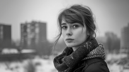 B&W Photojournalistic style portrait of a young woman in an industrial eastern European town. Gritty feel and Soviet era location.