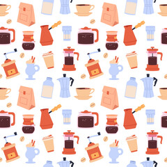 Coffee seamless pattern. Turk, coffee maker, French press, cup of coffee, cream, cappuccino