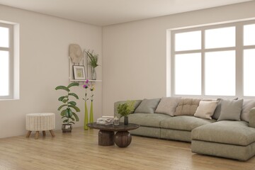 White scandinavian interior design with sofa. 3D illustration