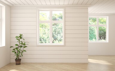 White empty room with summer landscape in window. Scandinavian interior design. 3D illustration