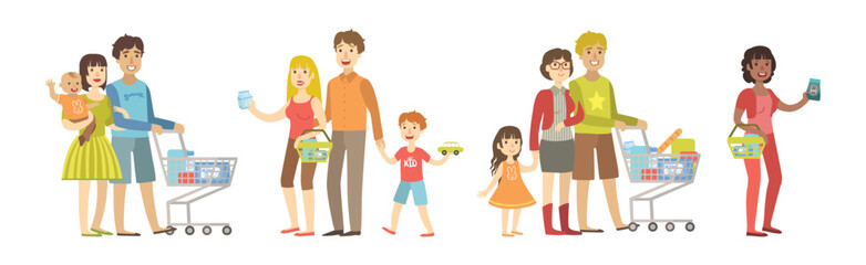 Family Shopping with Parent and Kids at Grocery Store Vector Set