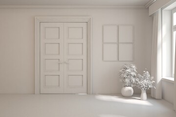 Grey empty room concept. Scandinavian interior design. 3D illustration