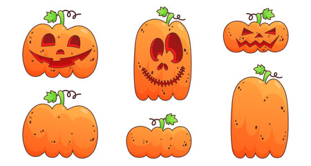 Set of ginger, orange cute, funny pumpkins with smile isolated on white background. Vector illustration, print for packaging, fabrics, wallpapers, textiles, web, banners, cards
