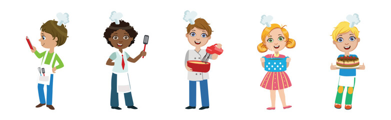 Children Chef in Uniform Cooking and Preparing Food Vector Set
