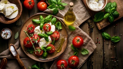 Traditional Caprese Delicacy. Succulent Tomatoes, Silky Mozzarella, and Fragrant Basil Leaves Drizzled with Olive Oil. Rustic Italian Caprese Salad with Ripe Tomatoes, Fresh Mozzarella, and Basil. - obrazy, fototapety, plakaty