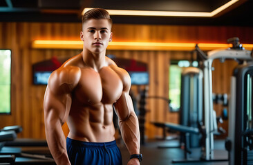 Naklejka premium Muscular young man posing with his arms crossed against. Fitness handsome and shirtless man standing on gym.