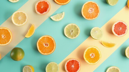 Colorful Citrus Array. Geometrically Placed Sliced Oranges, Grapefruits, and Limes on Pastel Background. Fresh Citrus Medley on Pastel Palette. Artfully Arranged Orange, Grapefruit, and Lime Slices.