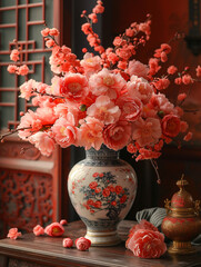 Peonies in full bloom, Warm atmosphere, Bright and rich color, gold coil style