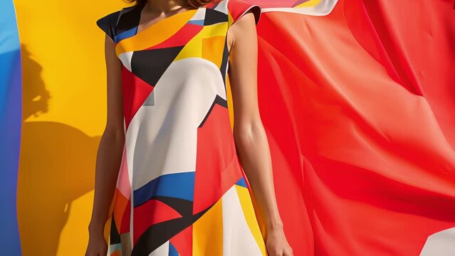 A modern and eyecatching shift dress with an angled hemline and a bold geometric print ideal for a gallery opening or an art museum visit.
