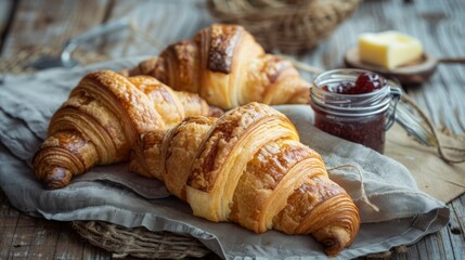 Freshly Baked Croissant Heaven. Golden Pastries Laid Out on a Rustic Tablecloth with Jam and Butter. Rustic Charm of Warm Croissants, Served with Rich Butter and Sweet Jam.