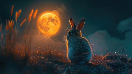 In a captivating nighttime scene, a rabbit sits peacefully on a mossy knoll under the glow of a full moon, surrounded by twinkling lights.
