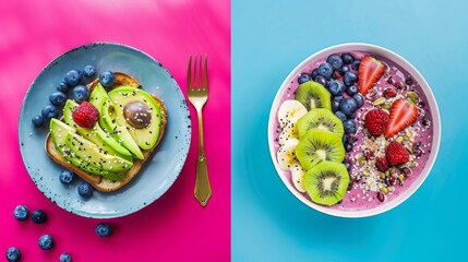Avocado Toast with Blueberries & Nuts vs. Pink Smoothie Bowl with Kiwi & Seeds on Vibrant Backgrounds. Colorful and Nutritious Choices for a Modern Brunch.