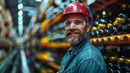Naklejka premium Engineer standing in a warehouse next to a conveyor.generative ai