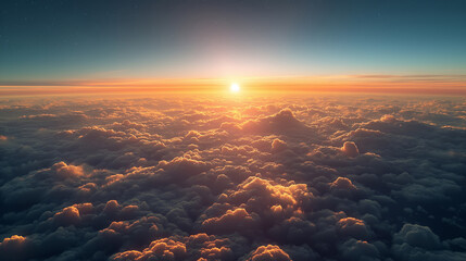 Sunrise above the clouds, where the warm sunlight breaks the horizon
