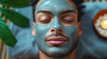 Relaxed man indulging in spa day with rejuvenating facial clay mask